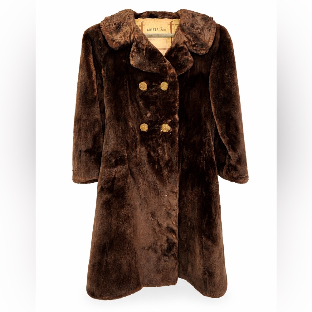 Vintage Fouke Alaska Seal Fur Coat Arista Garden City Brown Double Breasted XS